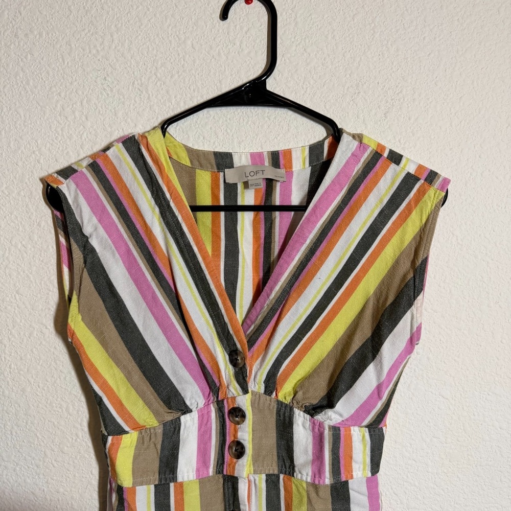 Loft Midi Dress Womens 00P Multi Striped Sleeveless Button Front V-Neck Pullover - Picture 2 of 9